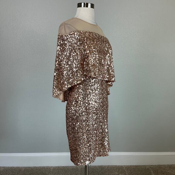 Betsy & Adam Sequined Cocktail Dress Size 4 Gold Caped Sleeveless Mini Sheath - Picture 2 of 14